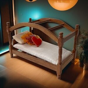 Vintage Dollhouse Canopy Bed Wood Miniature Furniture Pillows And Mattress